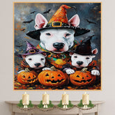 Bull Terrier Dog Halloween Canvas Wall Art with Witch Hat and Pumpkins Rustic Fall Accent for Cozy Farmhouse Homes on Ready to Hang 1.5" Thick Canvas Wrap, Floating Framed Canvas, Flat Rolled Canvas